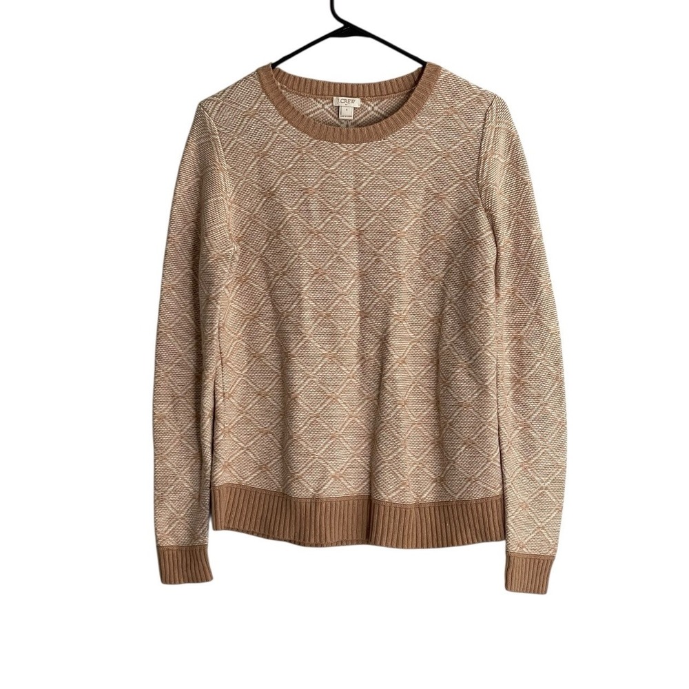 J Crew Women's Diamond-Jacquard Sweater Small Wool Blend Tan Preppy Classic